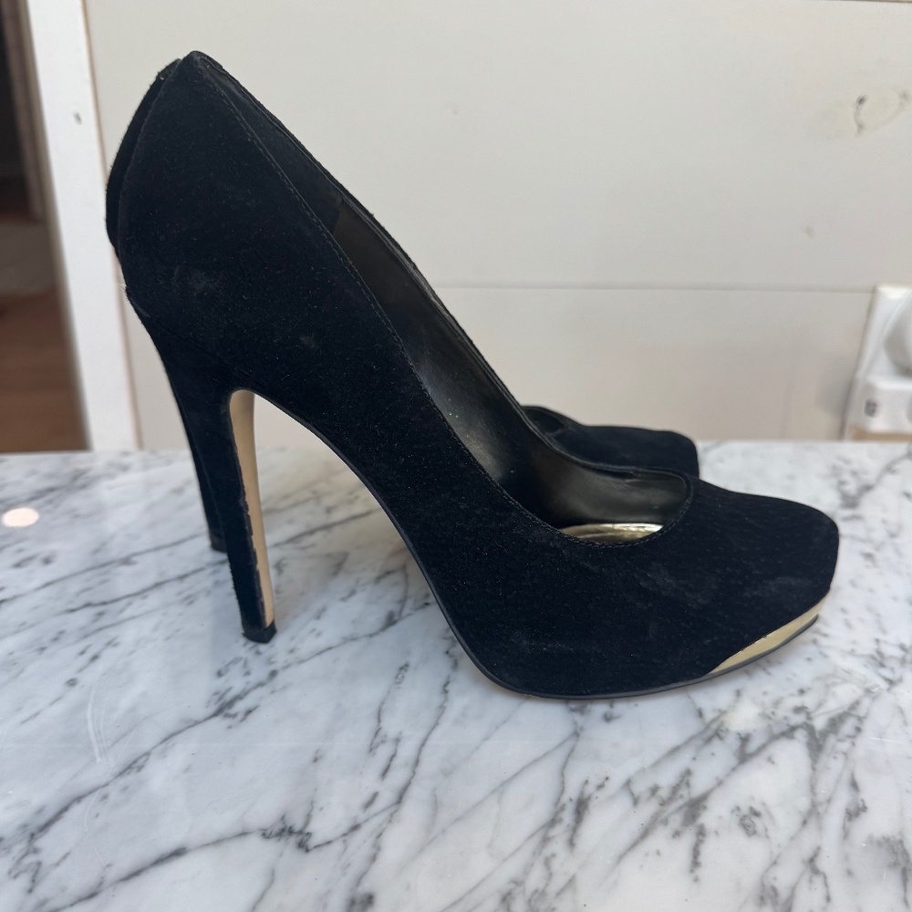 BCBG Black Suede Pumps With Gold Accents Size 7.5
